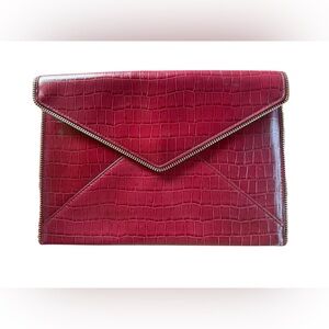 Rebecca Minkoff Leo Burgundy Red Leather Crocodile Print Clutch Purse